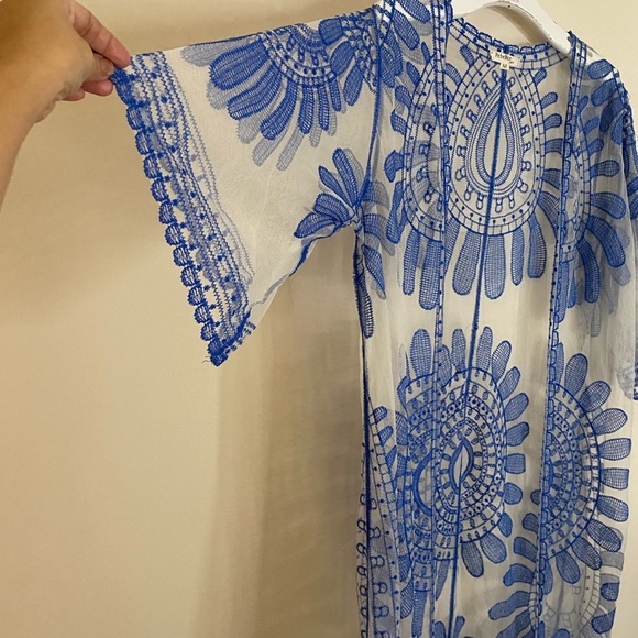 Rebellion Again Blue Sheer Embroidered Lace 3/4 Sleeve Kimono Dress - Picture 2 of 10